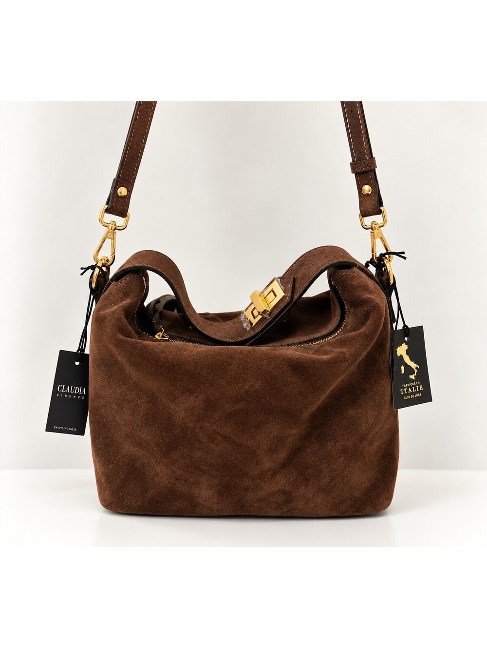 Claudia Firenze Brown Suede Shoulder Bag with Gold Hardware